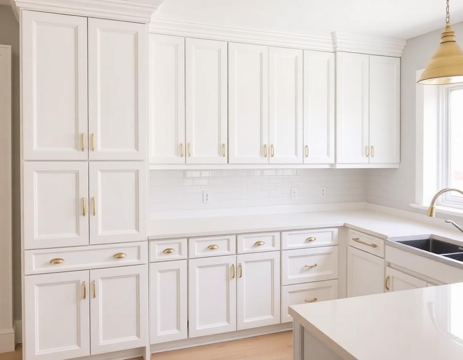 Refinished white kitchen cabinets with brass hardware
